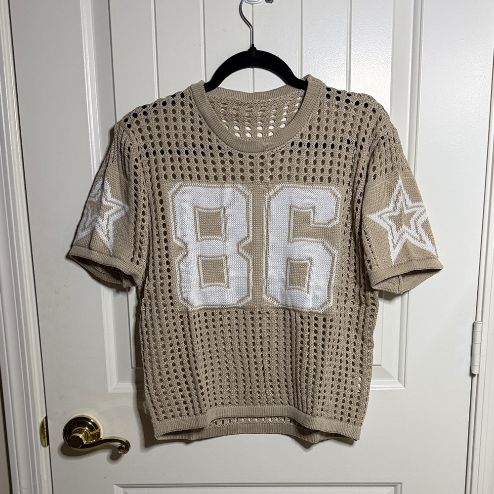 Beige Mesh Jersey Top with White Accents